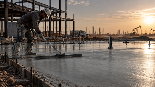 Fresh concrete curing in hot, dry conditions in Midland, Texas.